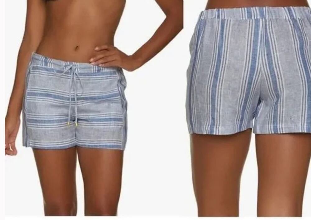 Helen Jon shorts women's large 100% linen blue white nautical stripe coastal NEW